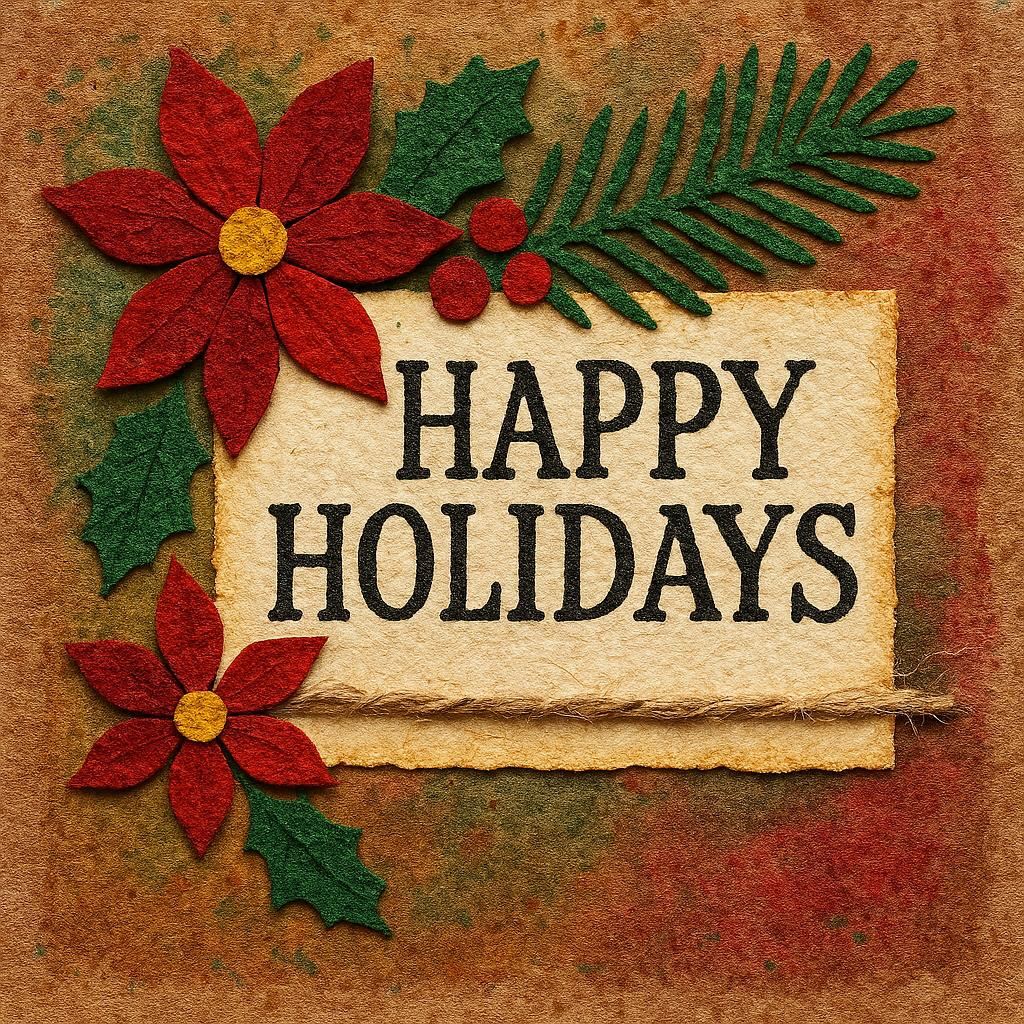 A hand crafted "Happy Holidays" card with mixed media